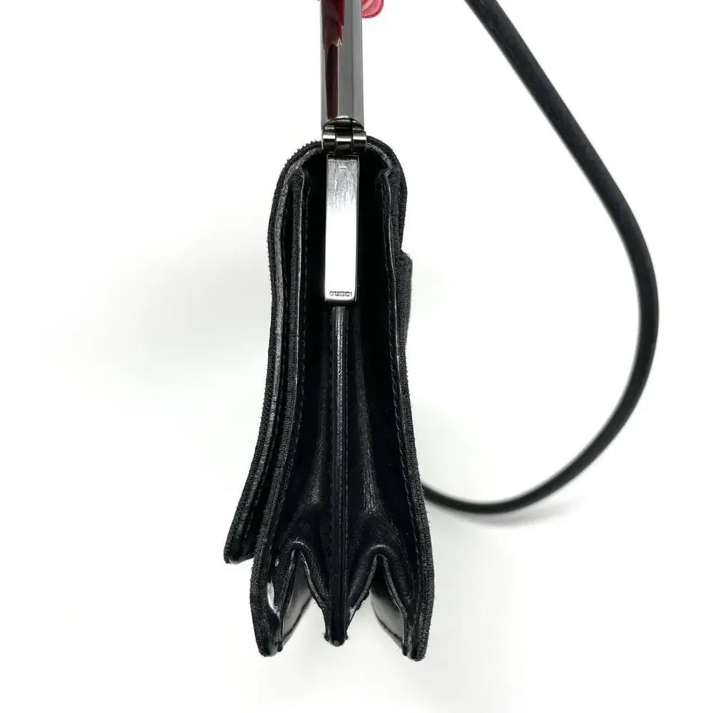 Gucci Vintage Monogram GG Flap Shoulder Bag Baguette Canvas Leather Black Silver - Picture 9 of 17